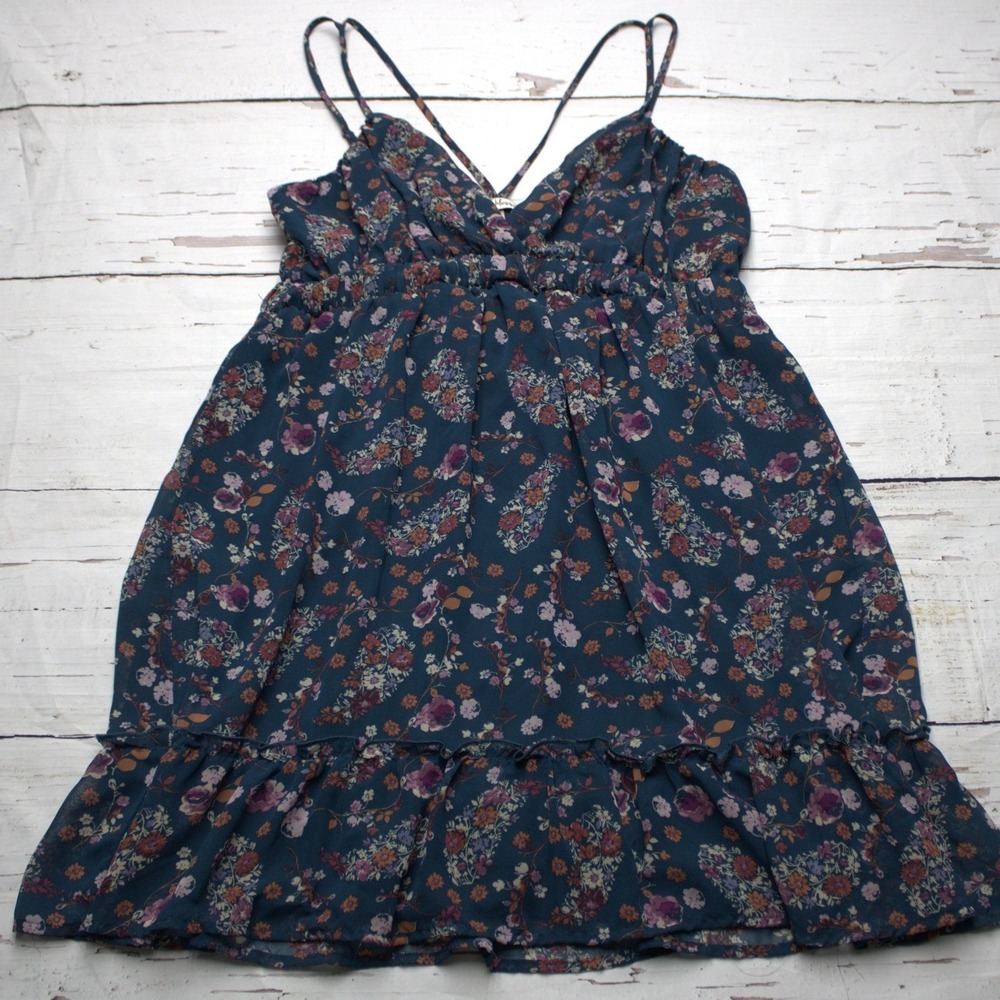 Speechless Floral Paisley Mini Dress Teal Blue‎ Ruffle Hem XL
